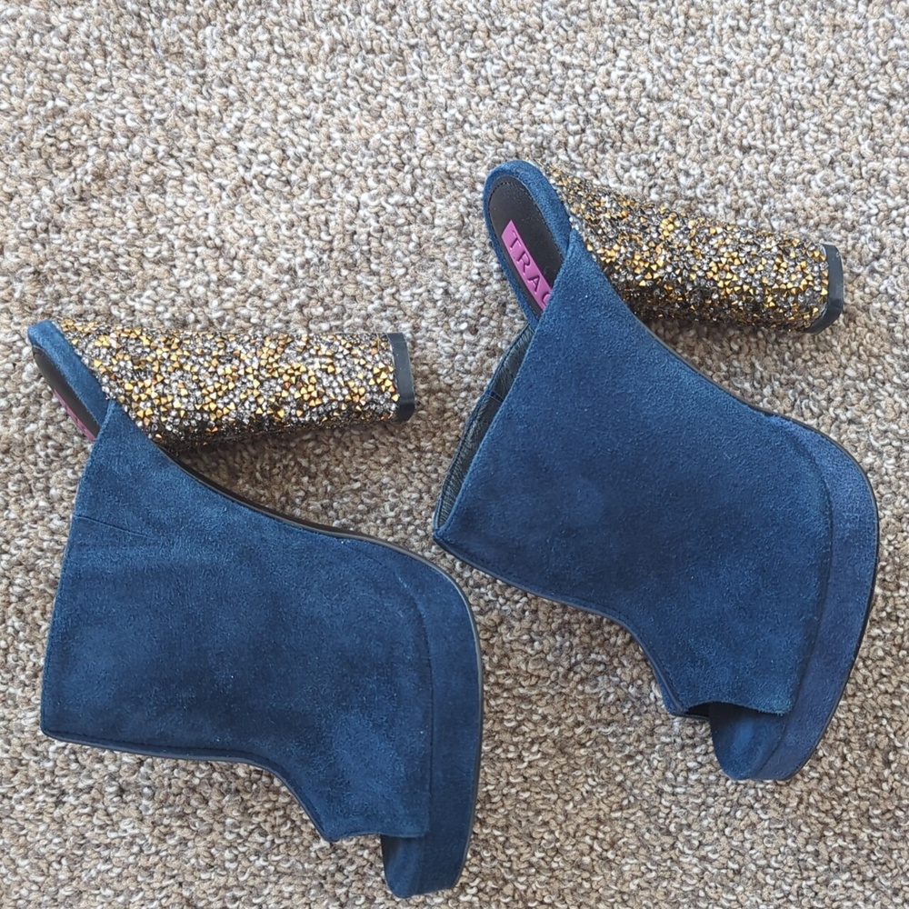 Tracy Reese Blue Suede Peep Toe Mule Shoes - Picture 2 of 10